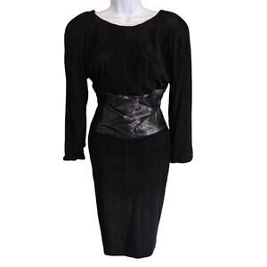 Vintage Erez Black Suede Dress with Woven Leather & Low Back Size 10